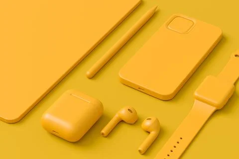 Computer tablet with stylus, smart watch, phone and headphones on monochrome Stock-Illustration