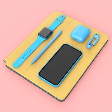 Computer tablet with stylus, smartwatch, phone and headphone on pink backgrou Stockillustratie