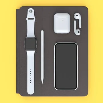 Computer tablet with stylus, smartwatch phone and headphone on yellow backgro Stock Illustration