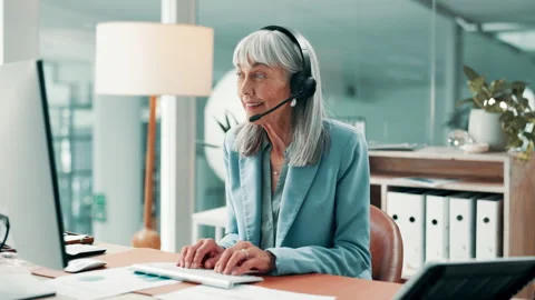Computer, talk and woman with headset in office, sales call center and typing Stock Footage 330156442