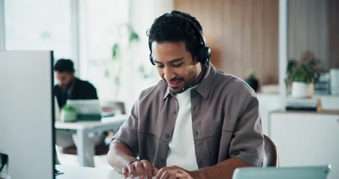 Computer, talking and man in call center for technical support, laugh and Stock Footage 329459951