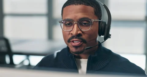 Computer, talking or black man in call center for telemarketing, premium Stock Footage 340603298