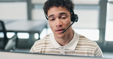 Computer, talking or man in call center for telemarketing, premium benefits or Stock Footage 340603202