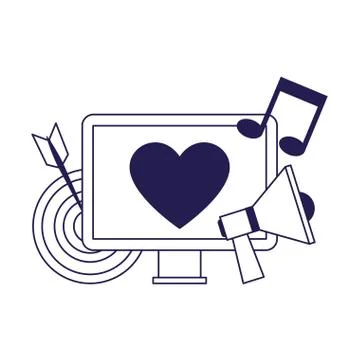 Computer with target and megaphone, flat design Illustrazione stock