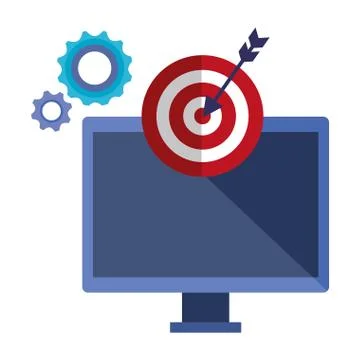 Computer with target arrow success and gears Illustrazione stock
