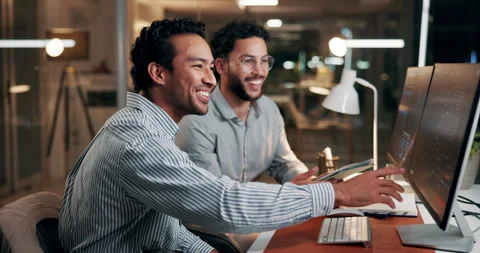 Computer, team and business men planning for trading, finance or pointing at Stock Footage 321465194