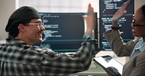 Computer, team and people high five for programming, cybersecurity and website Stock-Footage 346941823