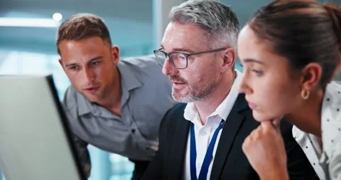 Computer, team and training with mentor in workplace for financial system, help Stock Footage 341510177