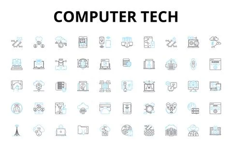 Computer tech linear icons set. Hardware, Software, Processor, Memory, Graphics Stock Illustration