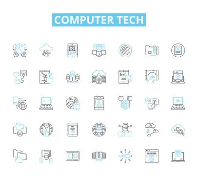 Computer tech linear icons set. Hardware, Software, Processor, Memory, Graphics Illustrazione stock