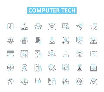 Computer tech linear icons set. Hardware, Software, Processor, Memory, Graphics Illustrazione stock