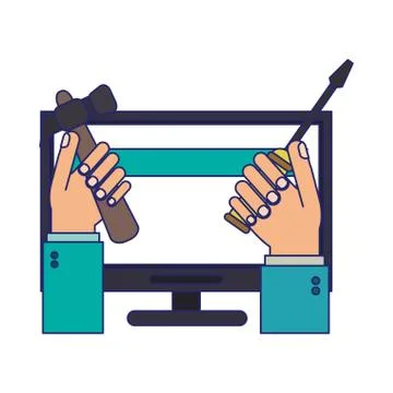 Computer techinical support hands with tools blue lines Stock Illustration