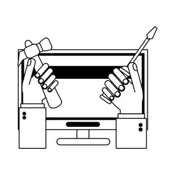 Computer techinical support hands with tools black and white Stock Illustration