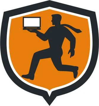 Computer technician carrying laptop running shield Stock Illustration