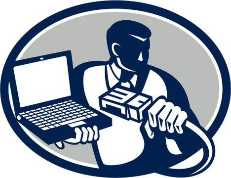 Computer Technician Holding Laptop Cable Retro Stock Illustration
