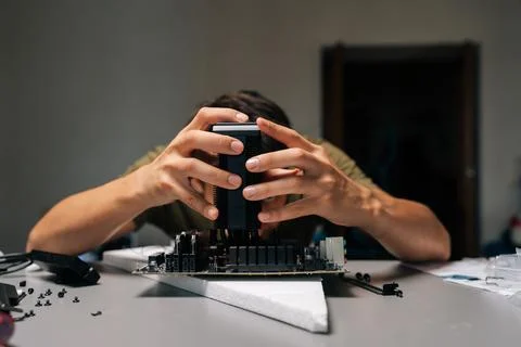 Computer technician installing CPU cooler onto motherboard, performing Stock Photos