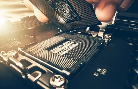 Computer Technician Installing New Modern Processor Stock Photos
