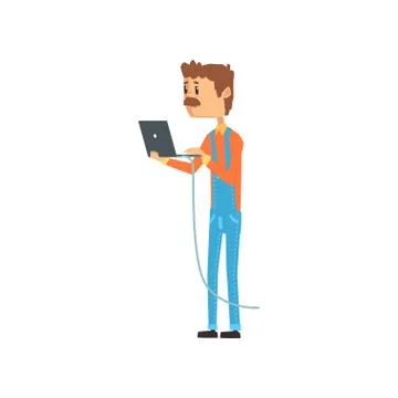 Computer technician or system administrator standing with laptop, networking Stock Illustration