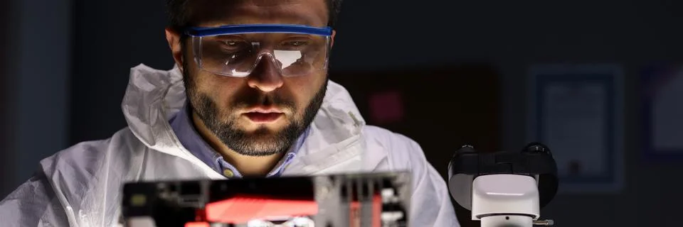 Computer technician specialist fixing pc component Stock Photos