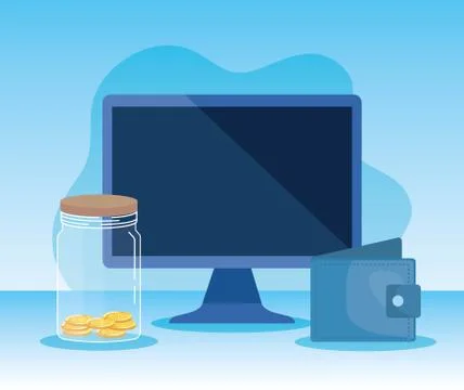 Computer technlogy with coins in glass bottle and wallet イラスト素材