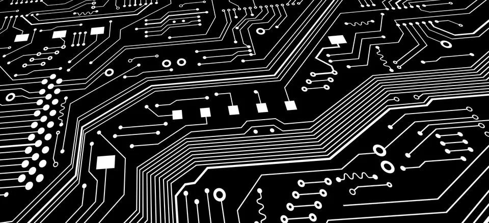 Computer technologies. Black and white motherboard illustration, panorama Stock Illustration