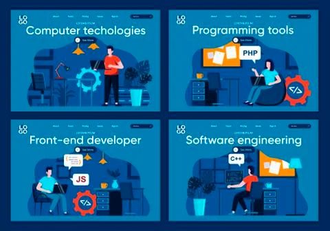 Computer technologies flat landing pages set. Stock Illustration
