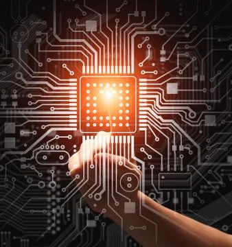 Computer technologies. Unrecognizable woman touching glowing CPU on virtual s 스톡 사진