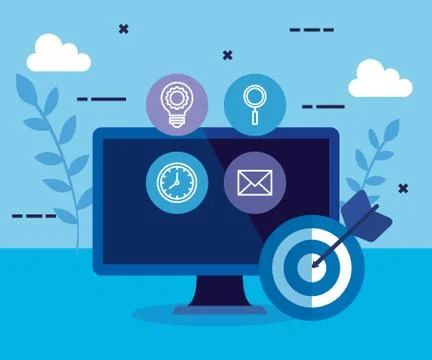 Computer technology and target with arrow and icons Stock Illustration