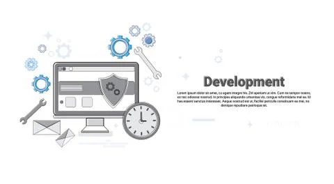 Computer Technology Application Development Business Concept Banner Thin Line Stock Illustration
