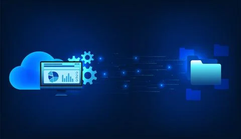 Computer technology Behind the clouds and gears are transferring files thro.. Иллюстрация