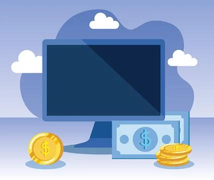 Computer technology with bills and coins money Stock Illustration