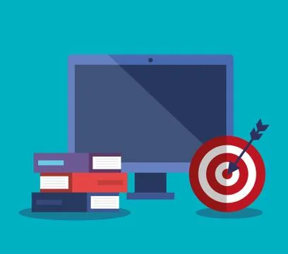 Computer technology with books and target with arrow Illustrazione stock