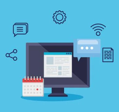 Computer technology with chat bubble and document information with calendar Illustrazione stock