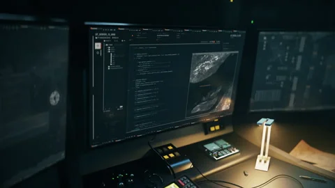 Computer Technology Connects To Satellite Surveillance With Programming Code Stock Footage 245022048