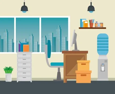 Computer technology in the desk with chair and books Stock Illustration
