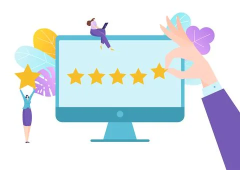 Computer technology device rating feedback, tiny character hold assessment star 스톡 일러스트