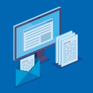 Computer technology with digital documents and letter Illustrazione stock
