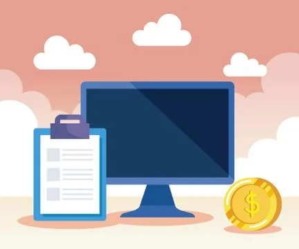 Computer technology with document and coin cash money Stock Illustration
