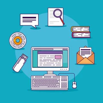 Computer technology document with books and usb memory Stock Illustration