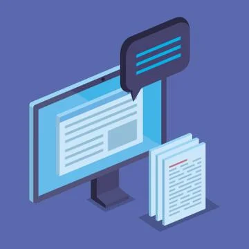 Computer technology with document information and chat bubble Illustrazione stock