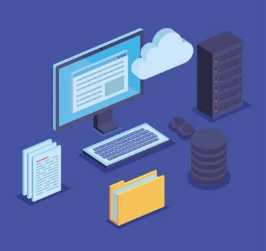 Computer technology with documents and hard storage server Stock Illustration