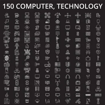 Computer, technology editable line icons vector set on black background Stock Illustration