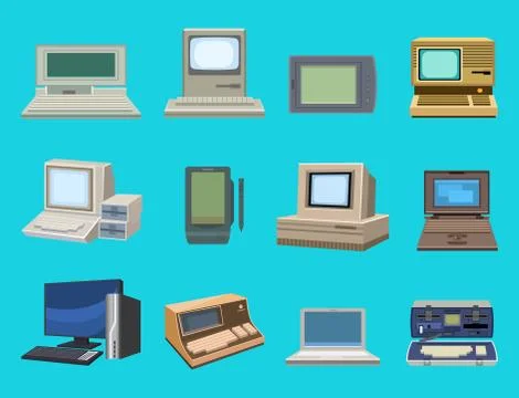 Computer technology evolution display telecommunication equipment metal pc Stock Illustration