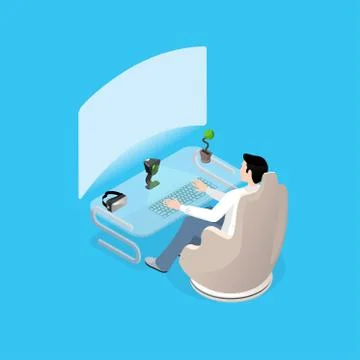 Computer technology of the future, the young guy sits in a comfortable chair Illustrazione stock