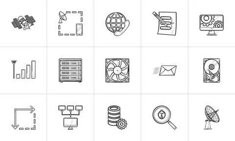 Computer technology hand drawn outline doodle icon set. Stock Illustration