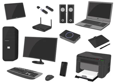 Computer technology icon set, computer gadget collection, vector sketches, logo Stock Illustration