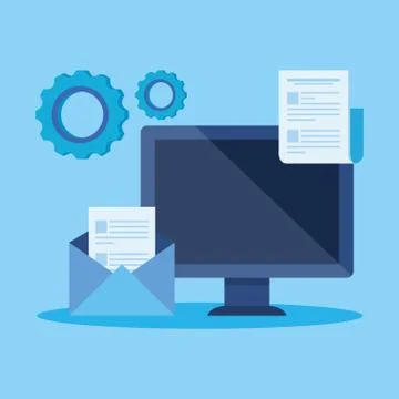 Computer technology with letter and document with gears Illustrazione stock
