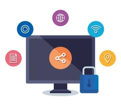 Computer technology with media share and location sign Stock Illustration