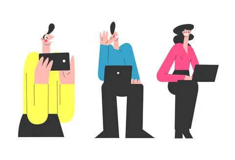 Computer technology modern vector illustration, young people work at laptop Illustrazione stock