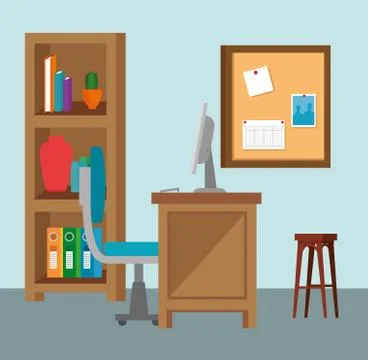 Computer technology with noteboard and desk with chair Stock Illustration